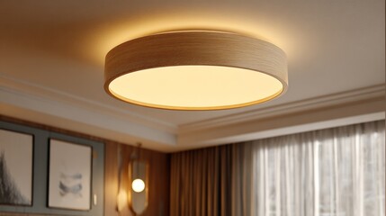 Warm wood-grain textured ceiling enhances the atmosphere with soft lighting in an inviting indoor space during daytime