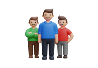 3D Render of Three Cartoon Men Standing Together on Transparent Backdrop, Depicting Friendship, Teamwork, and Unity in a Playful and Engaging Visual Style