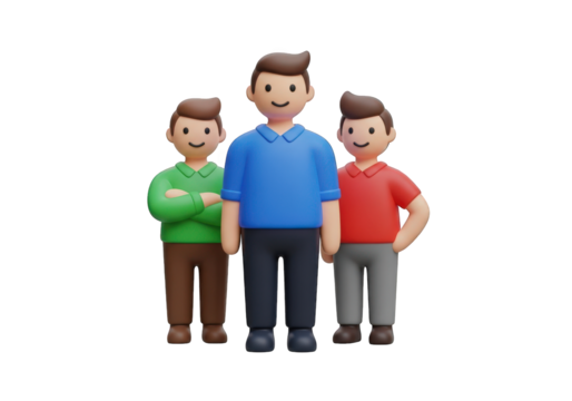3D Render of Three Cartoon Men Standing Together on Transparent Backdrop, Depicting Friendship, Teamwork, and Unity in a Playful and Engaging Visual Style
