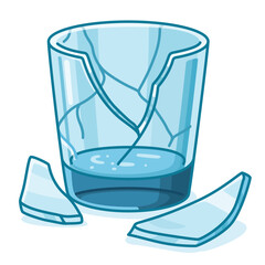 Blue transparent drinking glass shattered on the floor with scattered pieces kawaii doodle flat 2D cartoon vector illustration
