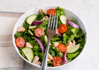 chicken salad with lettuce, tomatoes and  cucumbers