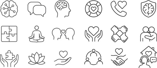 Mental Health and Support Icon Set – Wellness, Care, Meditation, Heart, Community, Therapy, Vector Clipart