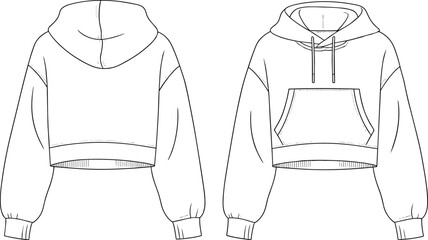 Cropped hoodie template front and back view, fashion design vector illustration, casual streetwear sweatshirt outline, technical sketch, apparel mockup, clothing drawing, unisex style