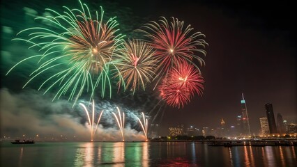 Colorful fireworks explode in the night sky over a city skyline with waterfront reflections and a boat in the foreground