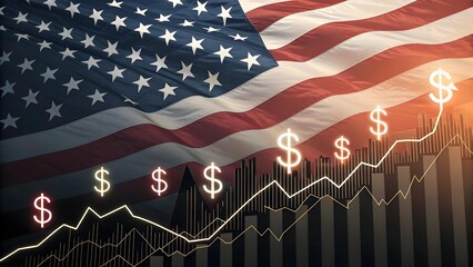 American flag with a rising stock market graph and dollar signs symbolizing economic growth and financial success in the united states