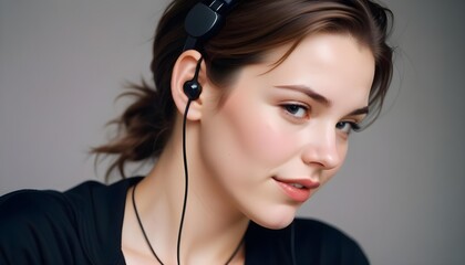 A portrait of a young woman wearing headphones, enjoying music with a soft expression and beautiful features.