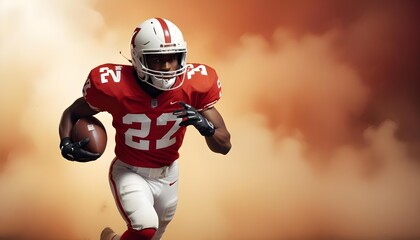 A determined football player sprints forward, clutching the ball tightly, ready for action.
