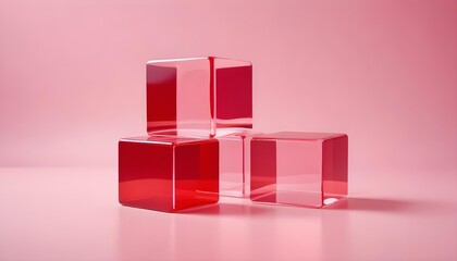 Three red transparent cubes create a modern abstract design with pink hues.