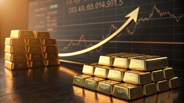 Stacks of gold bars with an upward trending stock market graph in the background, representing investment and financial growth