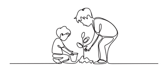 Single one-line drawing boy planting a tree on earth day. Earth day concept. continuous line draw design graphic vector illustration. Vector black silhouette. with white background
