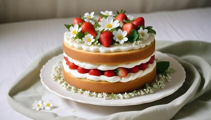 A beautifully decorated strawberry cake with fresh berries and cream.