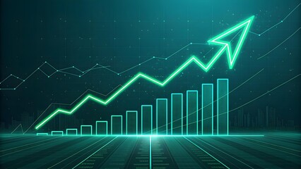 Naklejka premium Digital abstract representation of financial growth with a glowing green bar chart and upward arrow, signifying economic progress and market success