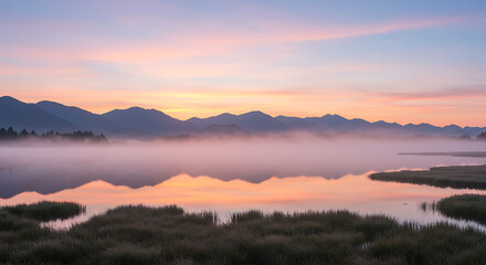 A wide-angle panoramic view of a misty mountain range at sunrise, with vibrant pastel sky and soft reflections in a lake—serene, nature-driven editorial look