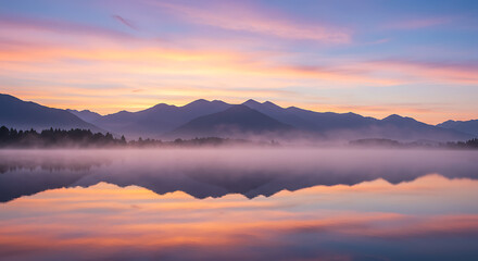 A wide-angle panoramic view of a misty mountain range at sunrise, with vibrant pastel sky and soft reflections in a lake—serene, nature-driven editorial look