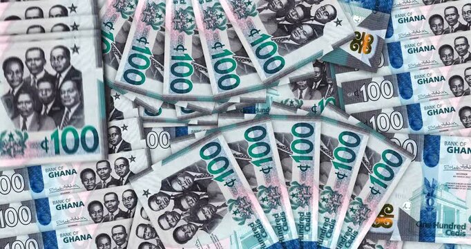 Ghana Cedi Ghanaian money banknotes in a cash fan mosaic pattern loop. 100 GHC notes. Abstract concept of bank, finance, economy seamless and looped design background.