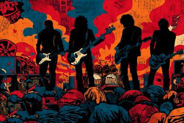 silhouette rock band performing on stage with colorful psychedelic background concert crowd music entertainment