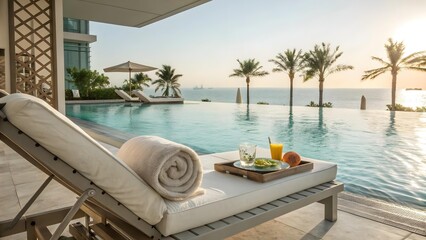 Luxury resort infinity pool with palm trees and ocean view at sunset, featuring a lounge chair with a breakfast tray and rolled towel