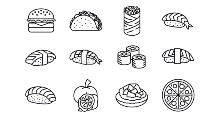 Collection of Sushi and Pizza Icons in Simple Line Art Style for Food Packaging and Menu Design