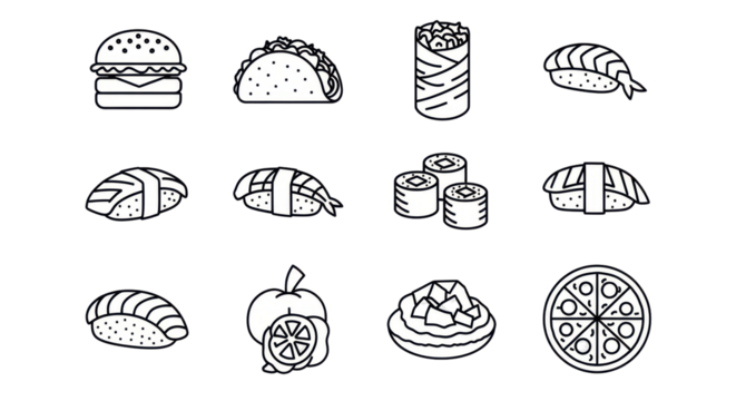 Collection of Sushi and Pizza Icons in Simple Line Art Style for Food Packaging and Menu Design