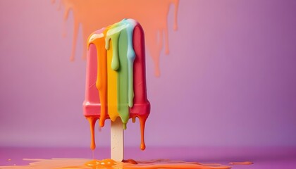 A colorful rainbow popsicle melts, creating a vibrant and artistic scene on a purple background.