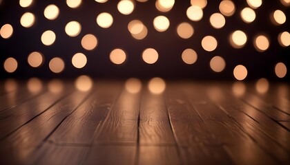 Warm bokeh lights shine above a detailed wooden floor, creating a welcoming backdrop.