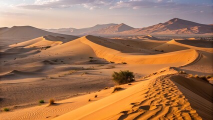 Golden hour light illuminates vast desert sand dunes with rippled patterns and distant mountains under a soft sky, showcasing arid natural beauty and remote wilderness