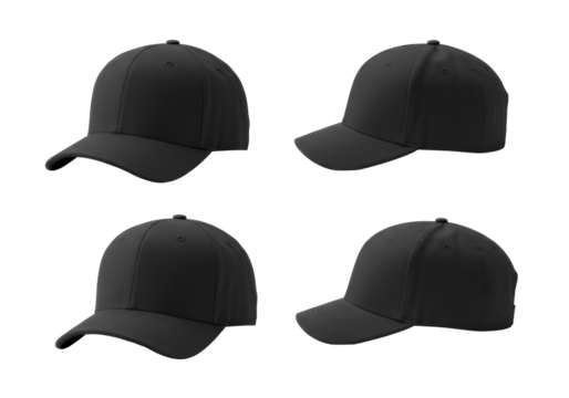 Three black matte baseball caps, plain and unbranded, from different angles on a transparent studio background with ample copy space. Product branding mockup concept