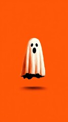 Floating ghost illustration with an orange background depicting a playful Halloween theme