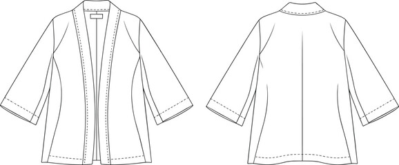 Women jacket cad drawing flat vector illustration, kimono sleeve fashion design, apparel garment template sketch, clothing technical outline, front back view fashion flat