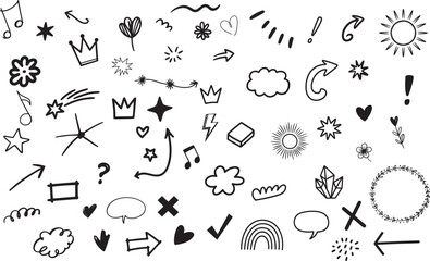 Line brush heart vector set with hand drawn doodle style arrow, cloud, star, crown and cute sketch art design in marker stroke