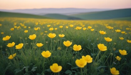 Obraz premium A vibrant field of yellow buttercups blooms under a soft, natural light