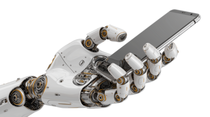 robotic hand holding smartphone, futuristic stock concept, isolated on white background
