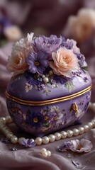 Decorative floral arrangement in a vintage porcelain box with pearls and soft fabric backdrop