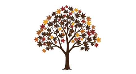 Colorful Autumn Tree with Red Yellow and Orange Leaves on Transparent Background