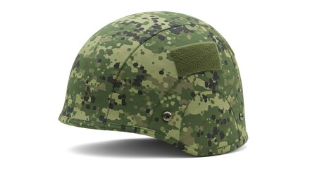 Camouflage military helmet in a green pixelated pattern on a white background