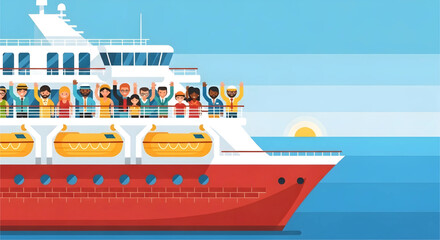 Joyful cruise passengers wave goodbye as the ship sails into the horizon, embarking on a memorable journey filled with excitement and anticipation of new adventures