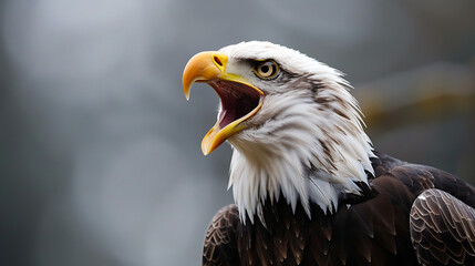 Obraz premium Bald eagle with open beak, screaming, symbolizing power, freedom, and the untamed spirit of the wild, a majestic representation of natures strength