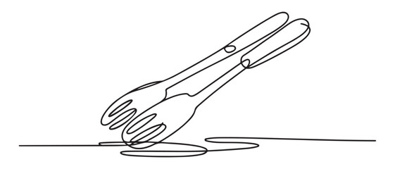 Single one line drawing fried tongs. Cooking utensil concept. Continuous line draw design graphic vector illustration. Vector black silhouette. with white background