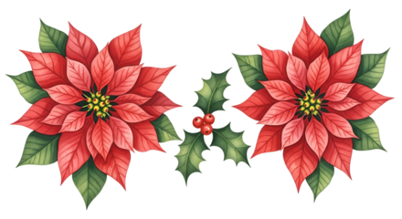 Red Poinsettia Flowers with Green Holly Leaves and Red Berries on Transparent Background