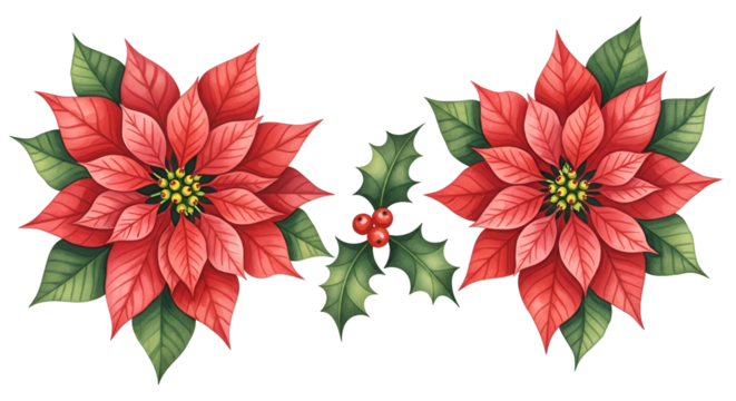 Red Poinsettia Flowers with Green Holly Leaves and Red Berries on Transparent Background
