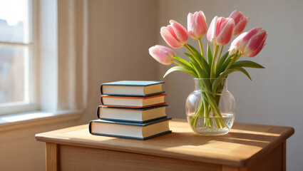 Glass vase with fresh pink tulips and stack of hardcover books on a wooden table by the window with warm natural light