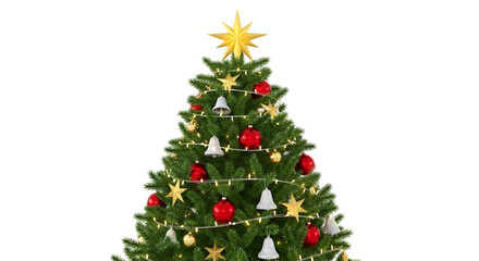 Fototapeta premium Decorated Christmas Tree with Gold Star Ornaments Red and Gold Baubles Silver Bells Festive Holiday Decor