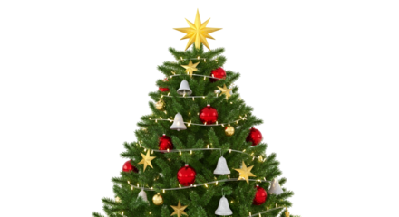 Decorated Christmas Tree with Gold Star Ornaments Red and Gold Baubles Silver Bells Festive Holiday Decor
