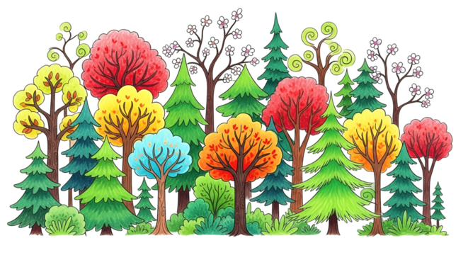 Colorful Cartoon Forest with Varied Trees Bright Green Red Blue Yellow and Pink on Transparent Background