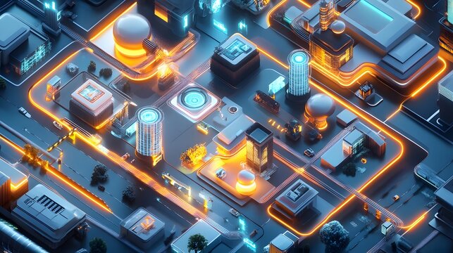 Futuristic Cityscape with Neon Lights and Technology Elements
