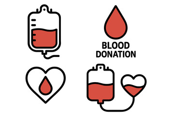 Blood donation icon set. Vector symbols for transfusion, medical charity, and saving life. Includes blood bag, drop, and heart. World blood donor day health care concept.