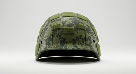 Fototapeta premium Camouflage military helmet with green velcro patches and visible liner on a white background