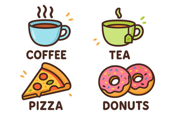 Cute cartoon food and drink icon set. Vector illustration of coffee, tea, pizza slice, and donuts. Kawaii design elements for cafe menu, bakery, or fast food sticker.