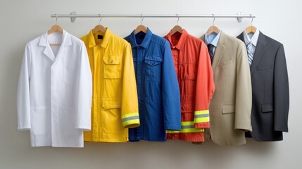 Professional work uniforms hanging on rack, displaying diverse career paths from healthcare, construction, emergency services, and corporate environments