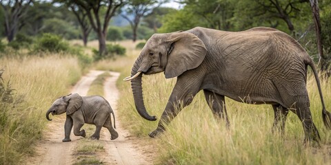 Elephant Calf Leads Through Sunlit Wild Path